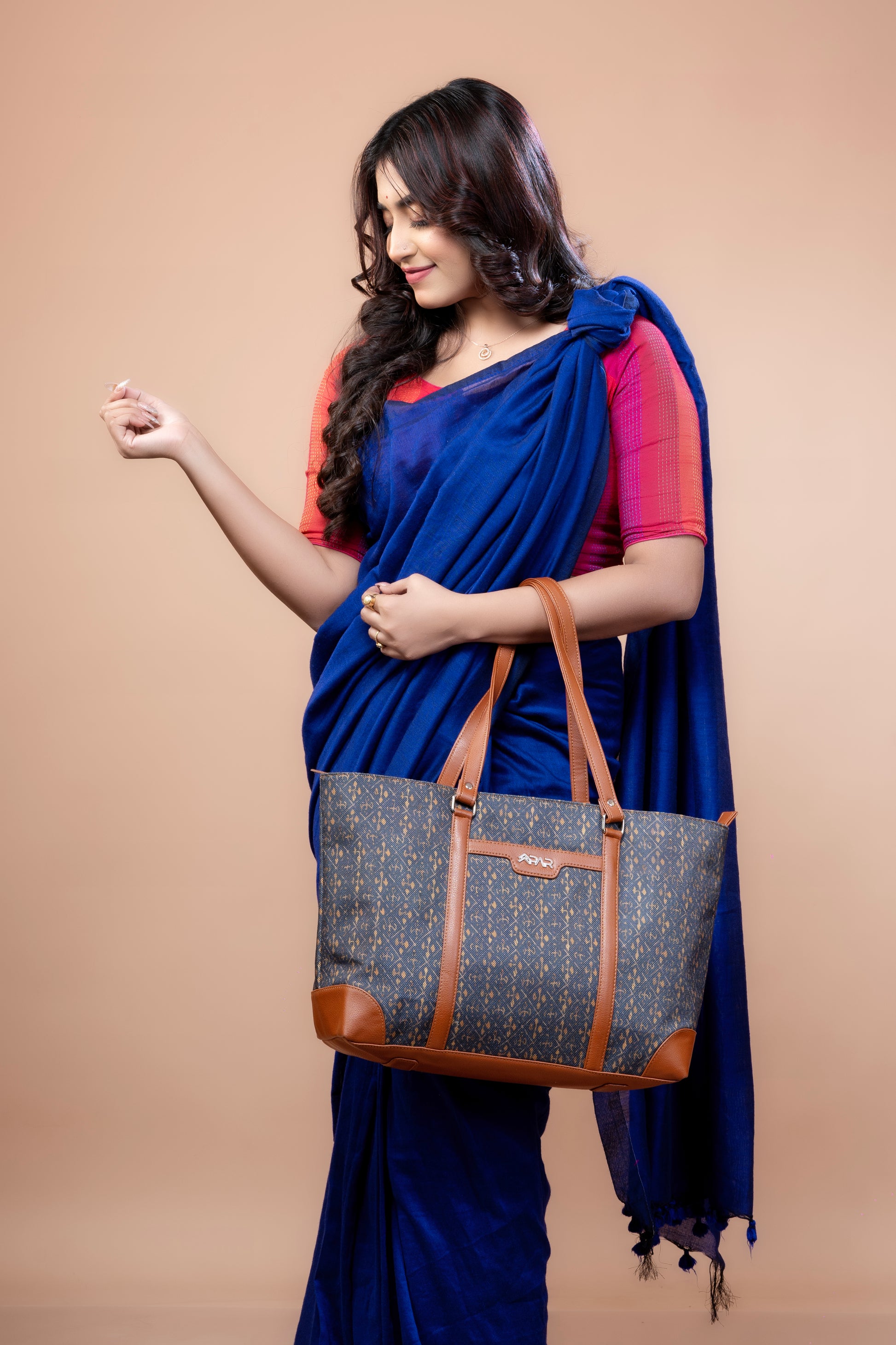 Ikat_Denim_Office_Tote_Bag_Model_With_Face